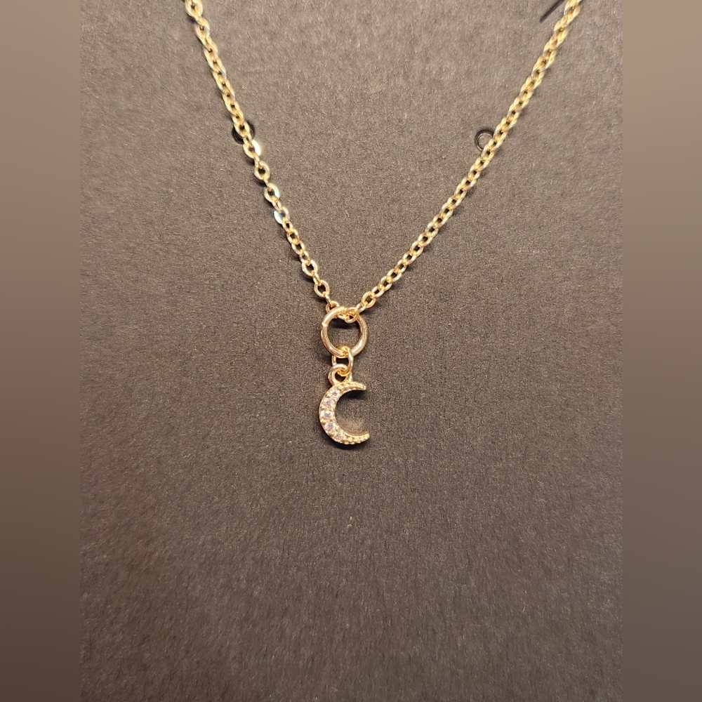 Dainty Rhinestone Moon Goldtone Necklace